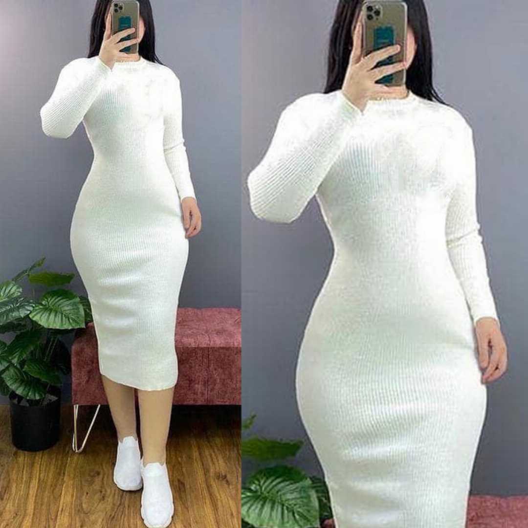 Basics,Ribbed,Roll,Neck,Long,Sleeved,Midi,Dress Bodycon Dress