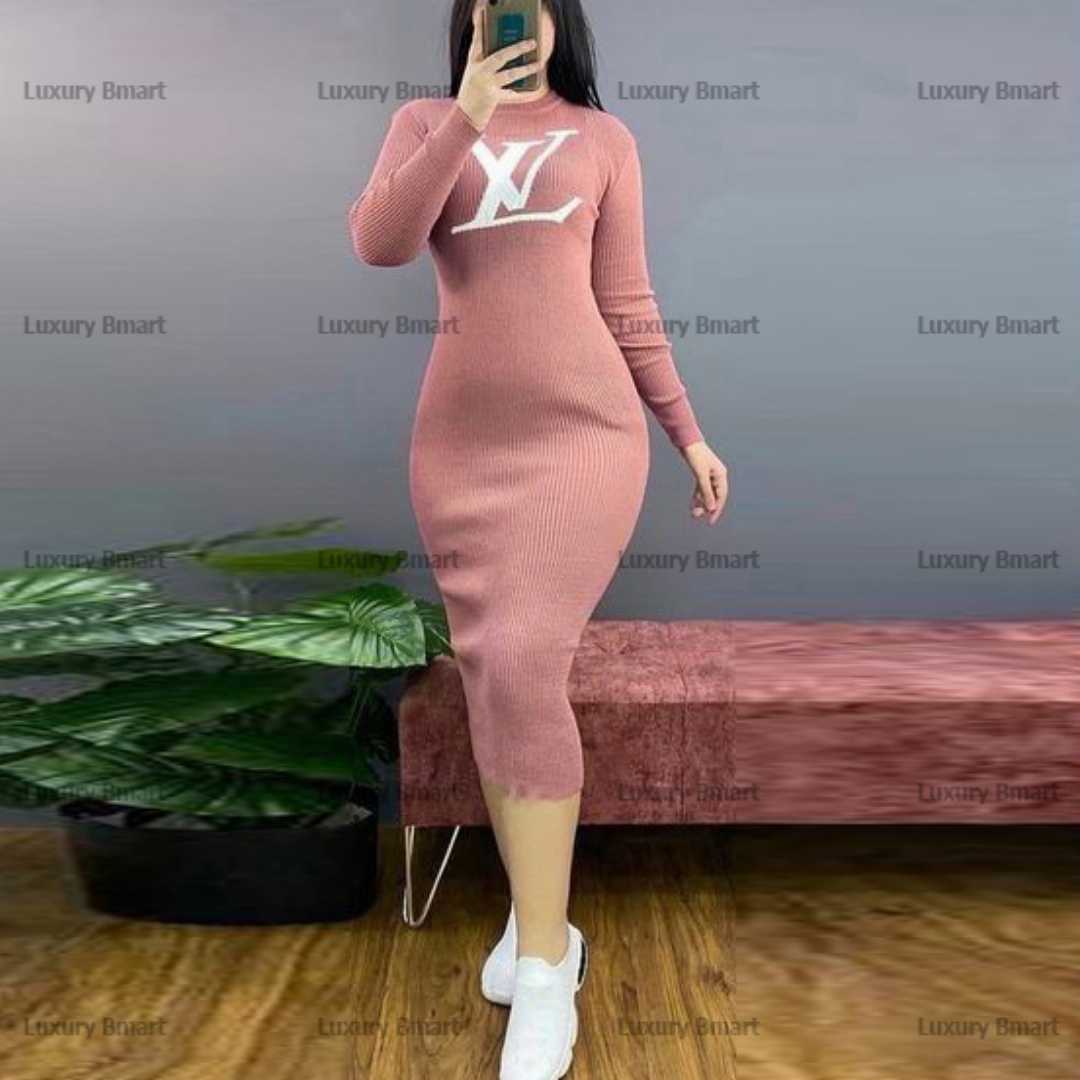 Basics,Ribbed,Roll,Neck,Long,Sleeved,Midi,Dress,Bodycon,Dress