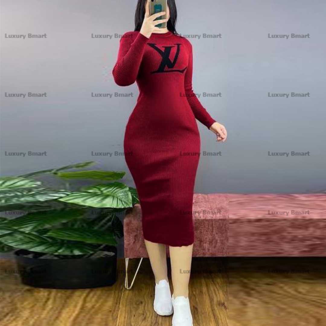 Basics,Ribbed,Roll,Neck,Long,Sleeved,Midi,Dress,Bodycon,Dress